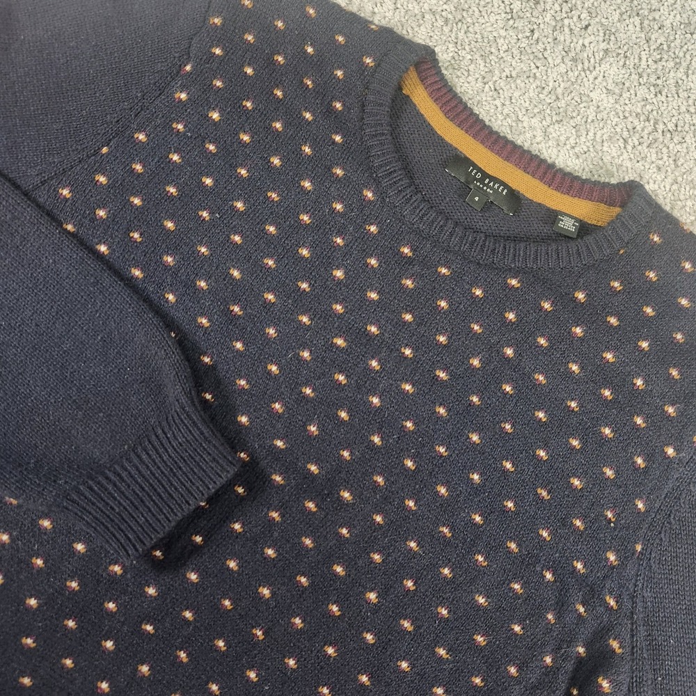 Ted Baker Sweater Mens Large Navy Blue Geometric Crewneck Wool Quiet Luxury